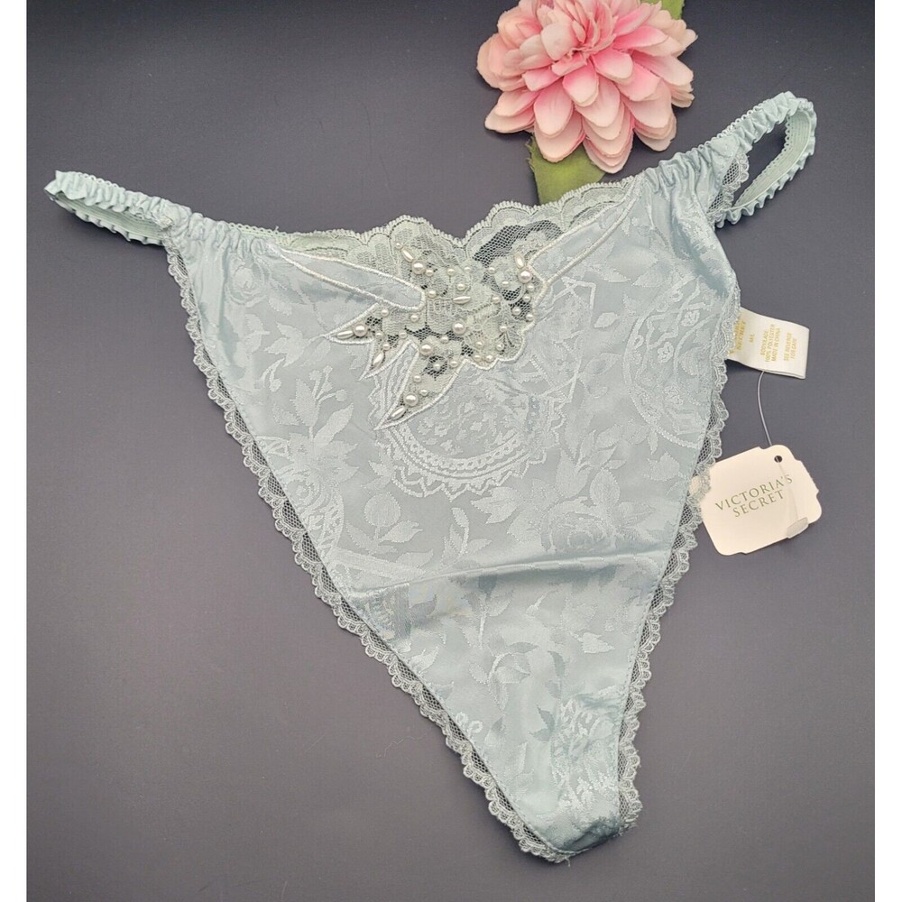Vtg M/L Victorias Secret Satin T Back / Thong Panties G String Beaded SAGE Green
